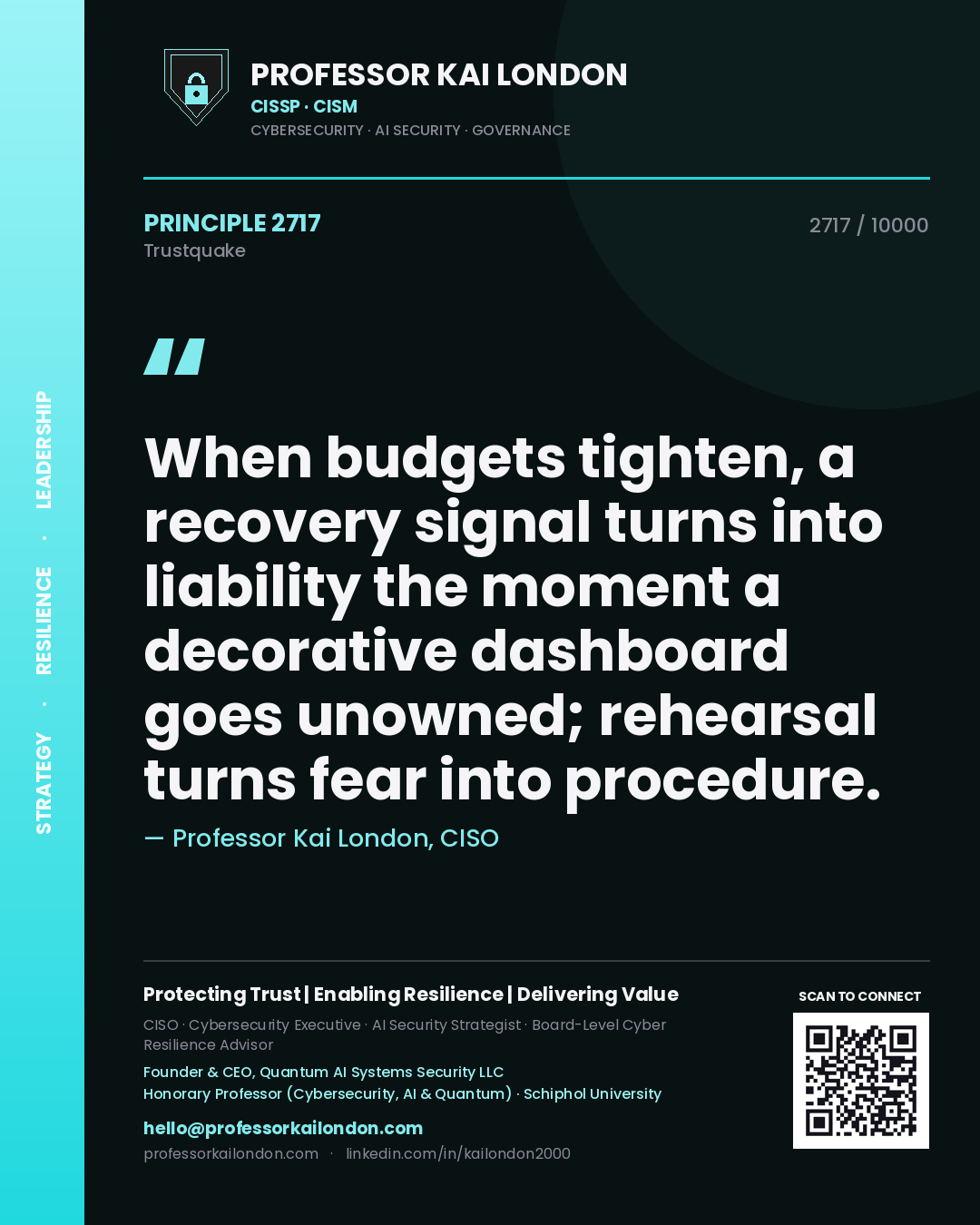 Professor Kai London principle 2717: When budgets tighten, a recovery signal turns into liability the moment a decorative dashboard goes unowned; rehearsal turns fear into procedure.