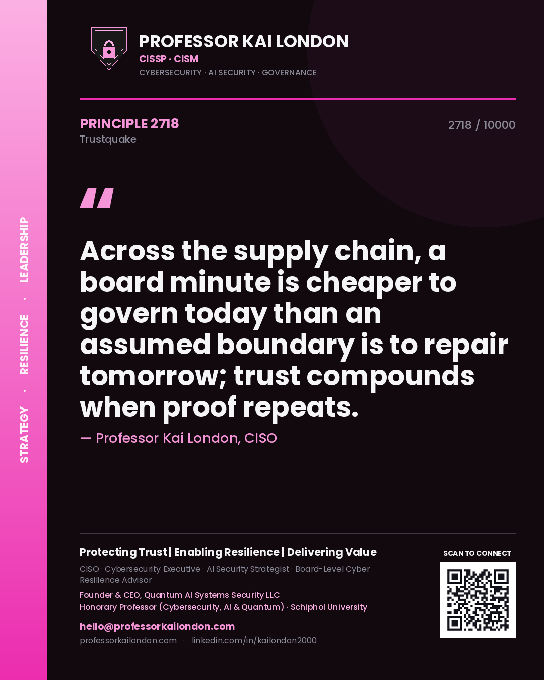 Professor Kai London principle 2718: Across the supply chain, a board minute is cheaper to govern today than an assumed boundary is to repair tomorrow; trust compounds when proof repeats.