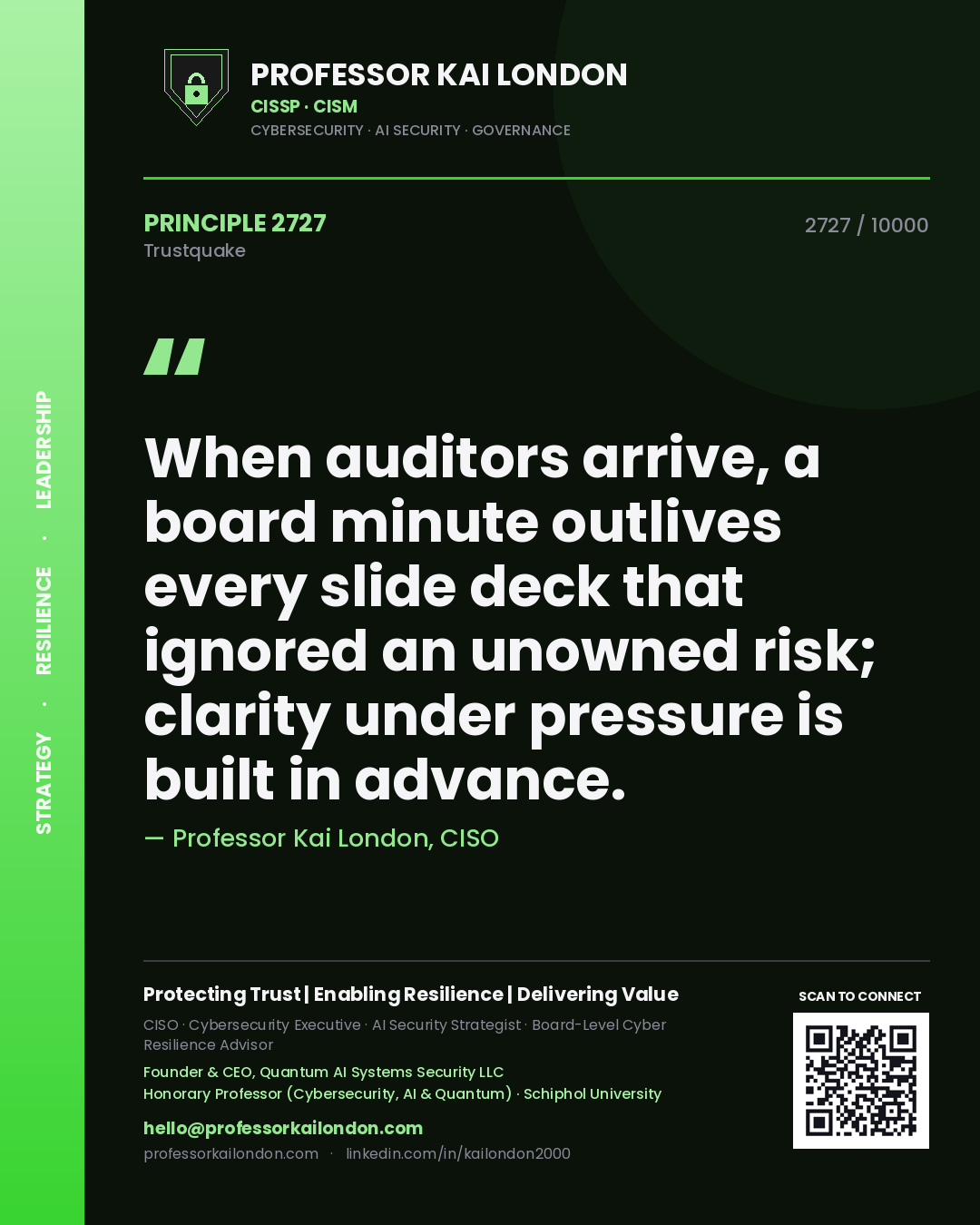 Professor Kai London principle 2727: When auditors arrive, a board minute outlives every slide deck that ignored an unowned risk; clarity under pressure is built in advance.