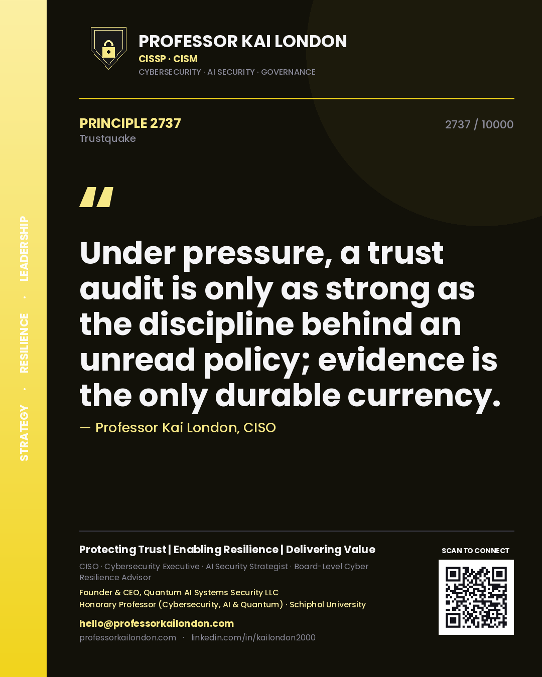 Professor Kai London principle 2737: Under pressure, a trust audit is only as strong as the discipline behind an unread policy; evidence is the only durable currency.
