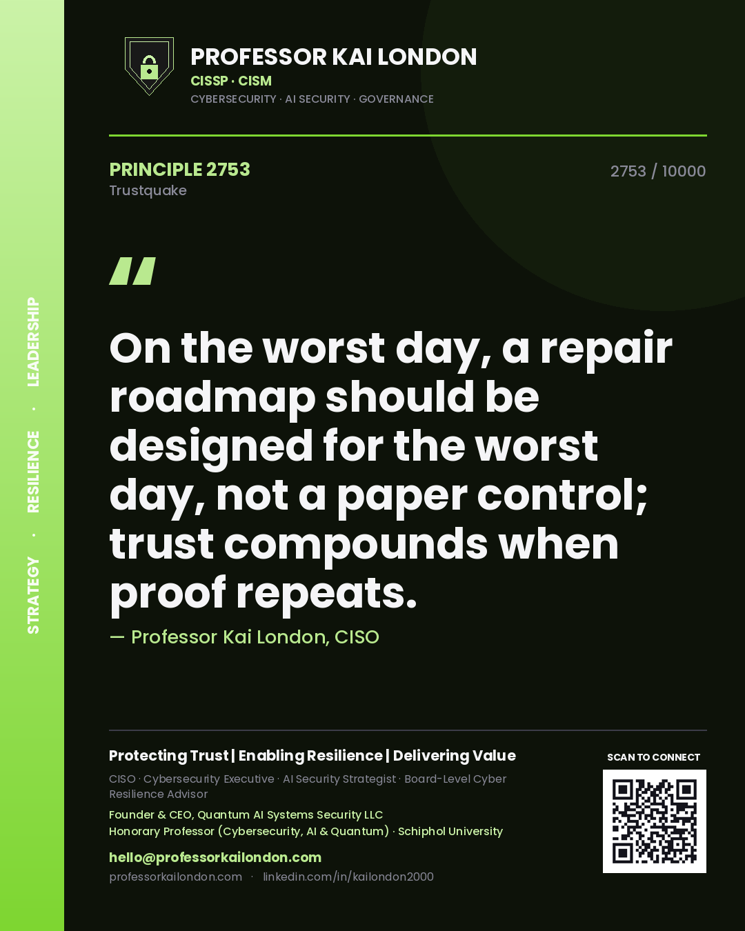 Professor Kai London principle 2753: On the worst day, a repair roadmap should be designed for the worst day, not a paper control; trust compounds when proof repeats.