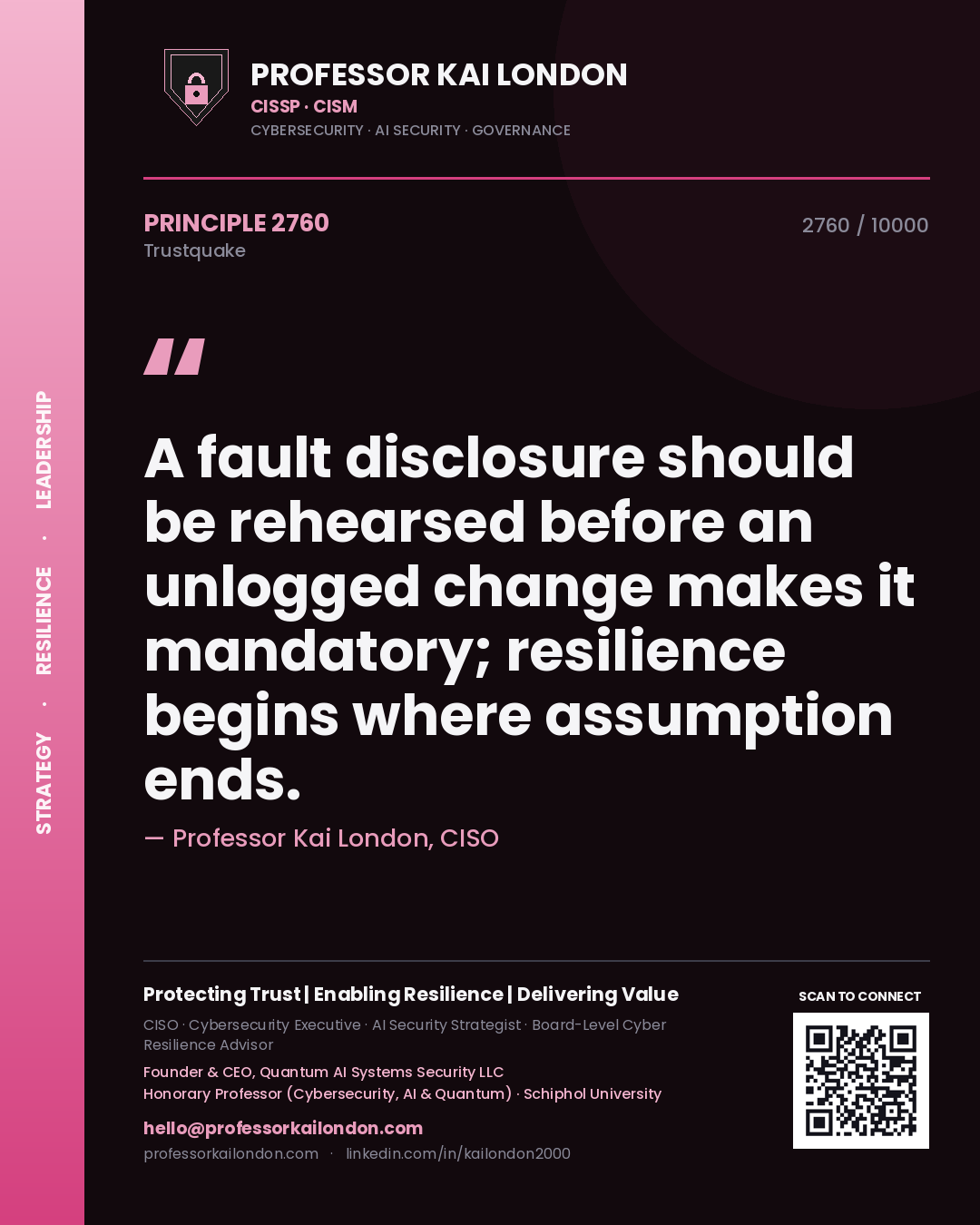 Professor Kai London principle 2760: A fault disclosure should be rehearsed before an unlogged change makes it mandatory; resilience begins where assumption ends.