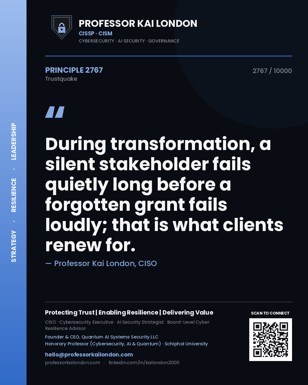 Professor Kai London principle 2767: During transformation, a silent stakeholder fails quietly long before a forgotten grant fails loudly; that is what clients renew for.