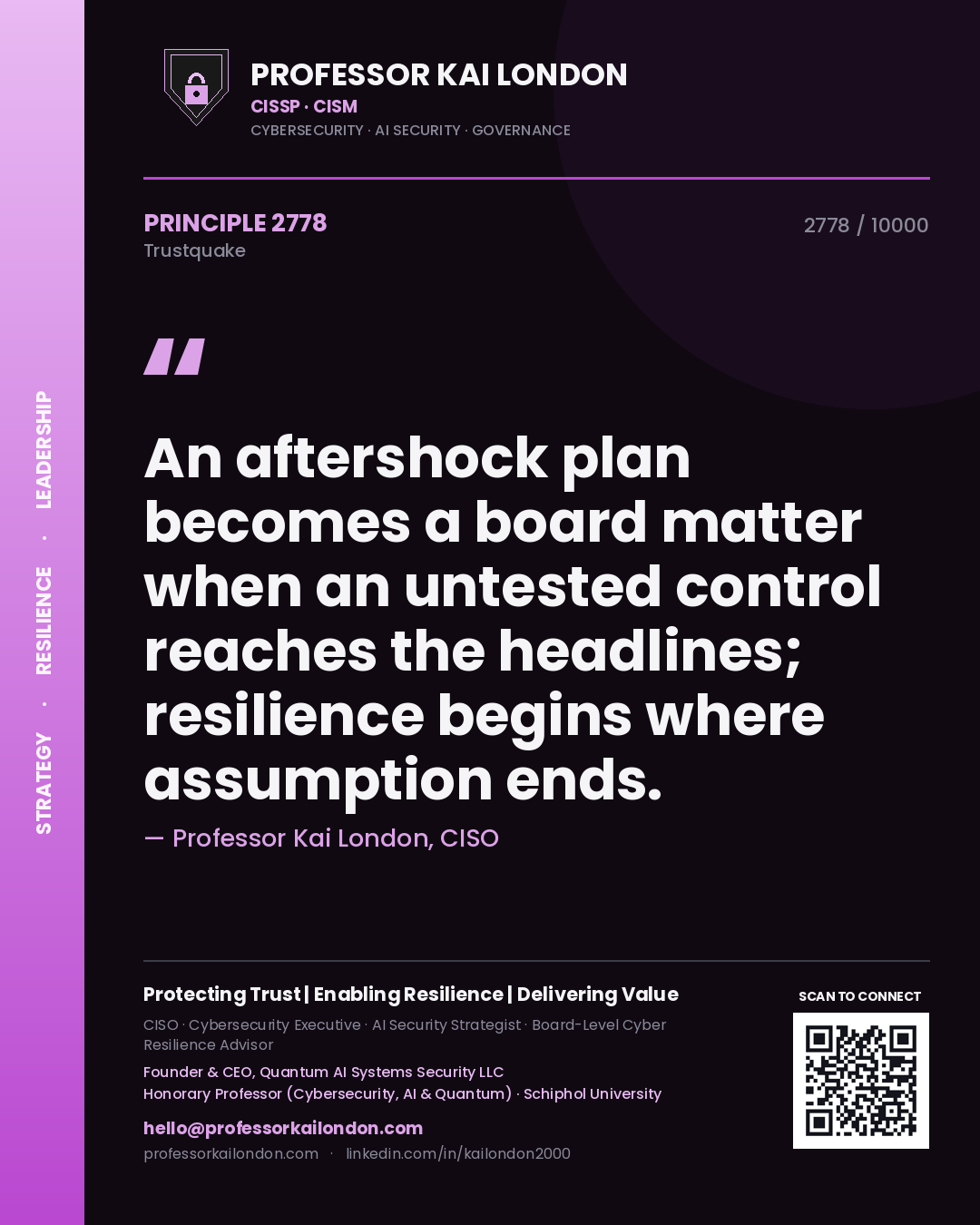 Professor Kai London principle 2778: An aftershock plan becomes a board matter when an untested control reaches the headlines; resilience begins where assumption ends.