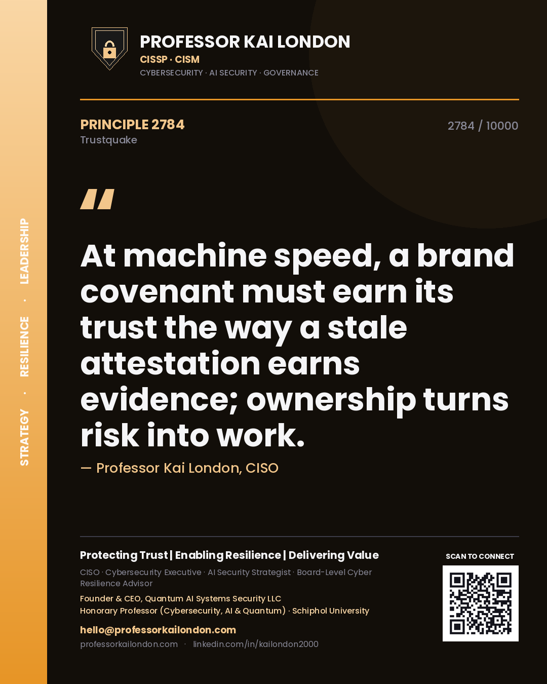 Professor Kai London principle 2784: At machine speed, a brand covenant must earn its trust the way a stale attestation earns evidence; ownership turns risk into work.