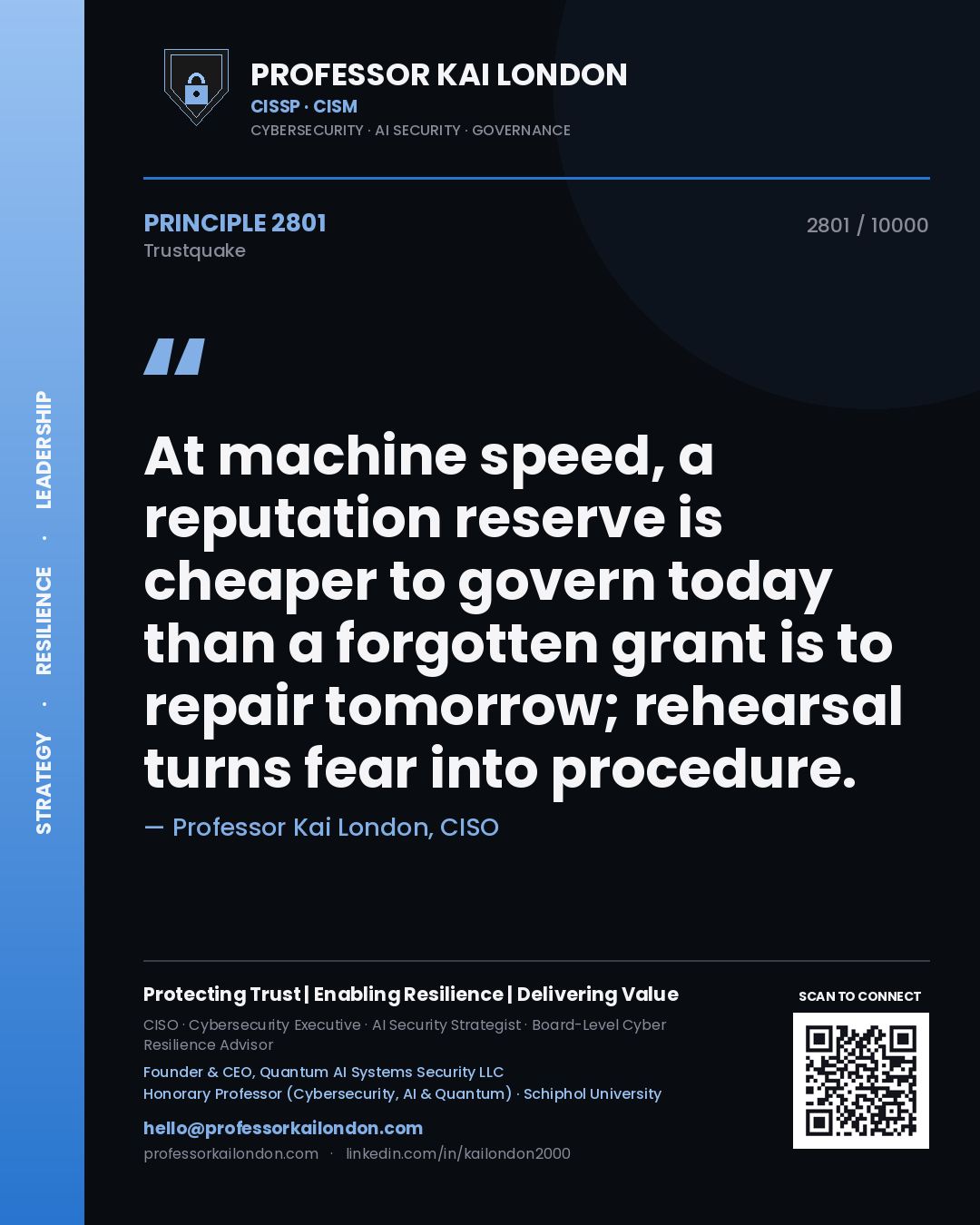 Professor Kai London principle 2801: At machine speed, a reputation reserve is cheaper to govern today than a forgotten grant is to repair tomorrow; rehearsal turns fear into procedure.