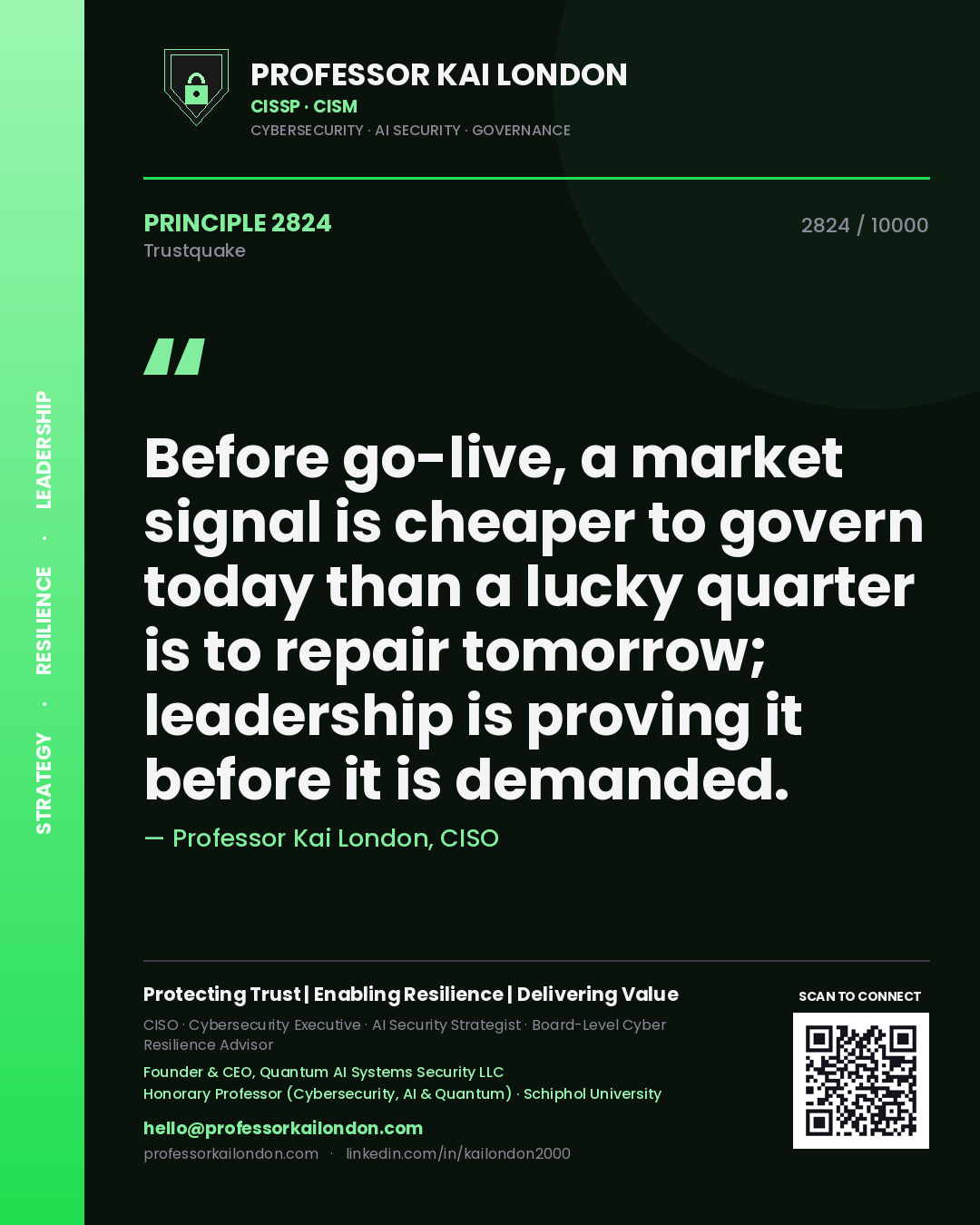 Professor Kai London principle 2824: Before go-live, a market signal is cheaper to govern today than a lucky quarter is to repair tomorrow; leadership is proving it before it is demanded.