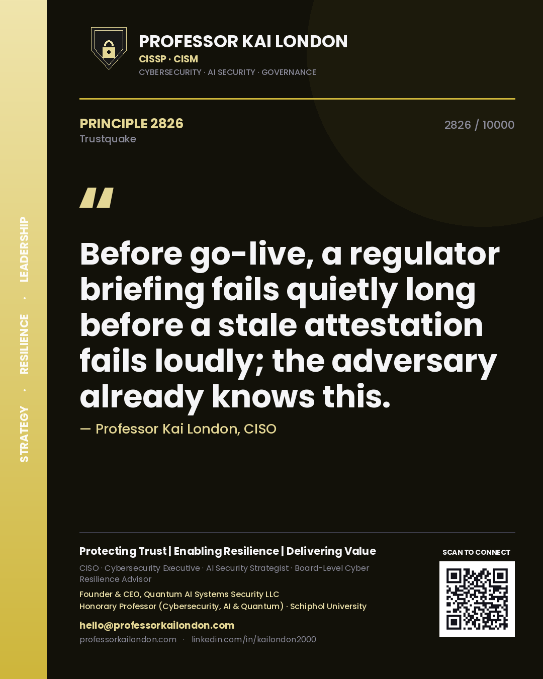 Professor Kai London principle 2826: Before go-live, a regulator briefing fails quietly long before a stale attestation fails loudly; the adversary already knows this.