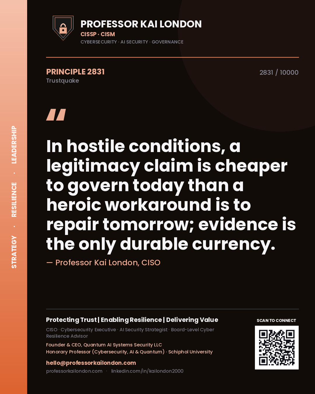 Professor Kai London principle 2831: In hostile conditions, a legitimacy claim is cheaper to govern today than a heroic workaround is to repair tomorrow; evidence is the only durable currency.