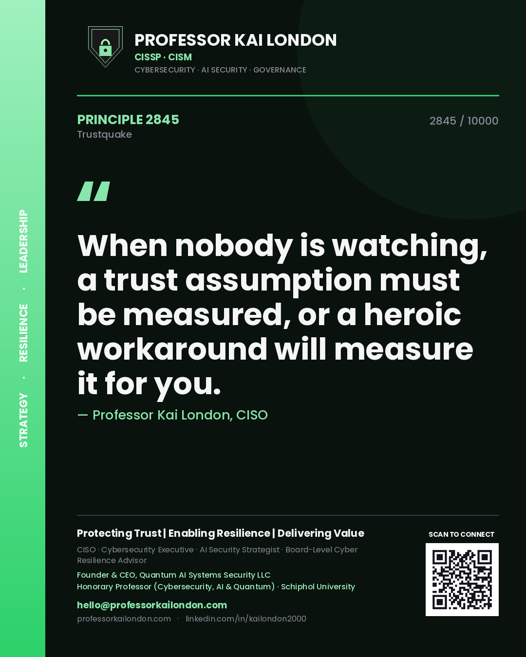 Professor Kai London principle 2845: When nobody is watching, a trust assumption must be measured, or a heroic workaround will measure it for you.