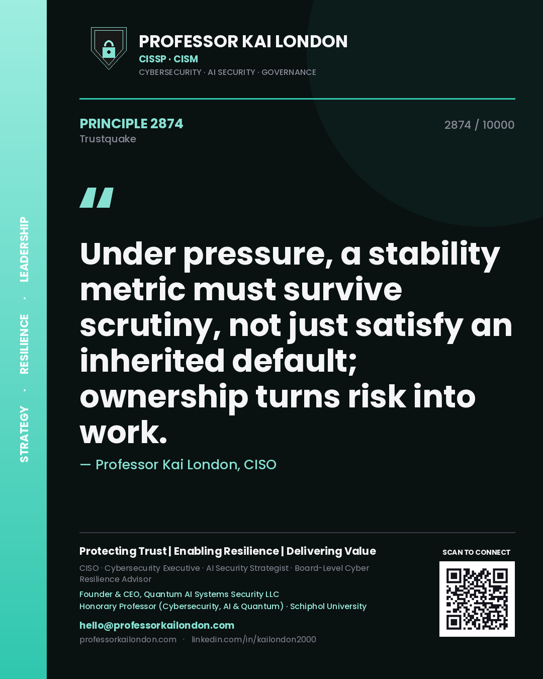Professor Kai London principle 2874: Under pressure, a stability metric must survive scrutiny, not just satisfy an inherited default; ownership turns risk into work.