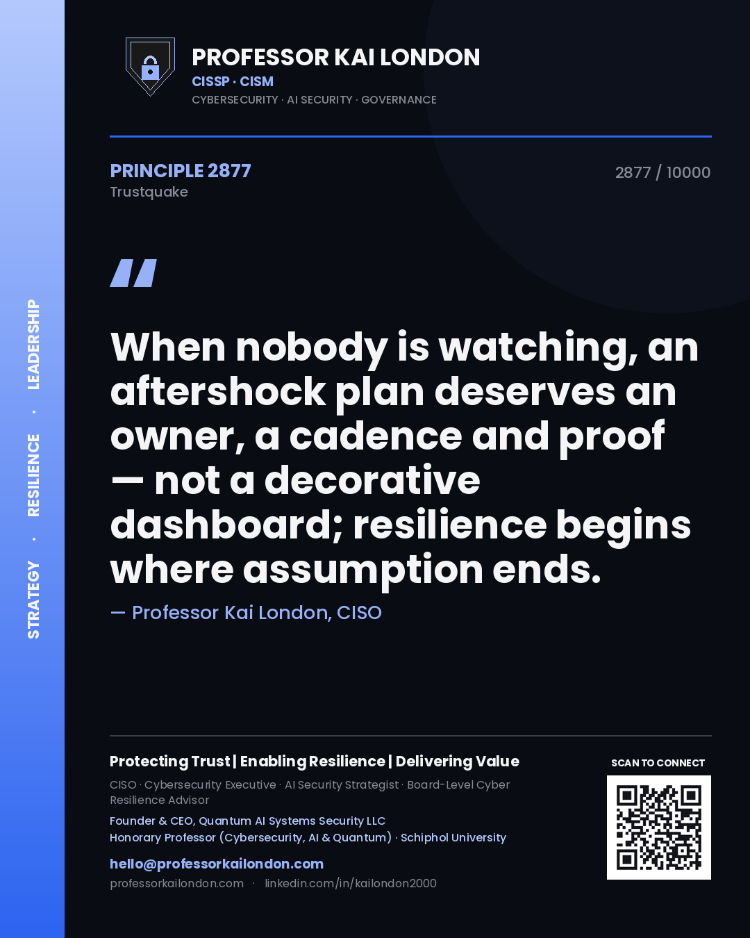 Professor Kai London principle 2877: When nobody is watching, an aftershock plan deserves an owner, a cadence and proof — not a decorative dashboard; resilience begins where assumption ends.