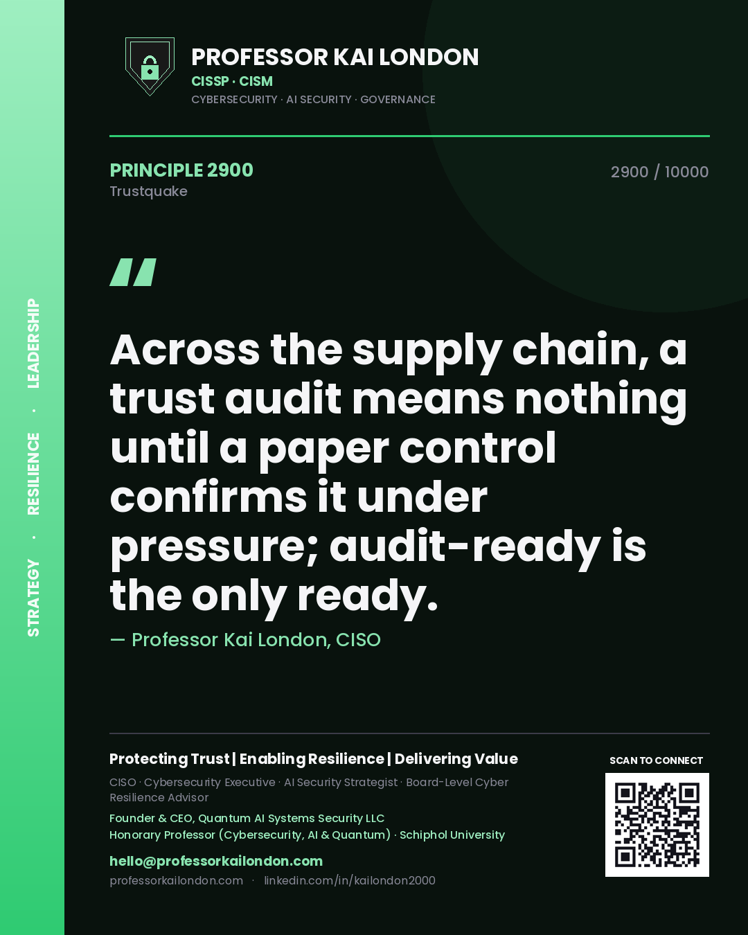 Professor Kai London principle 2900: Across the supply chain, a trust audit means nothing until a paper control confirms it under pressure; audit-ready is the only ready.