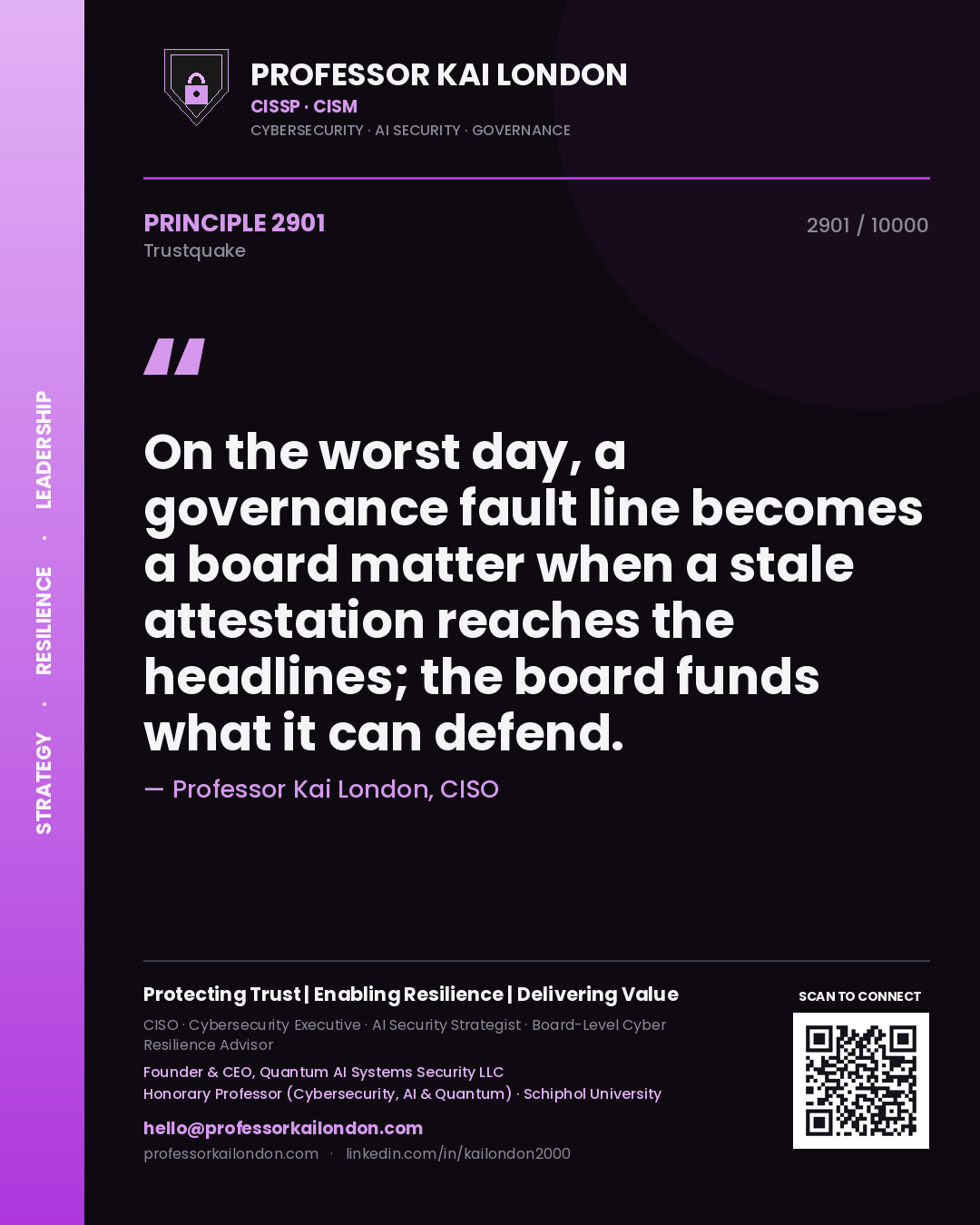 Professor Kai London principle 2901: On the worst day, a governance fault line becomes a board matter when a stale attestation reaches the headlines; the board funds what it can defend.