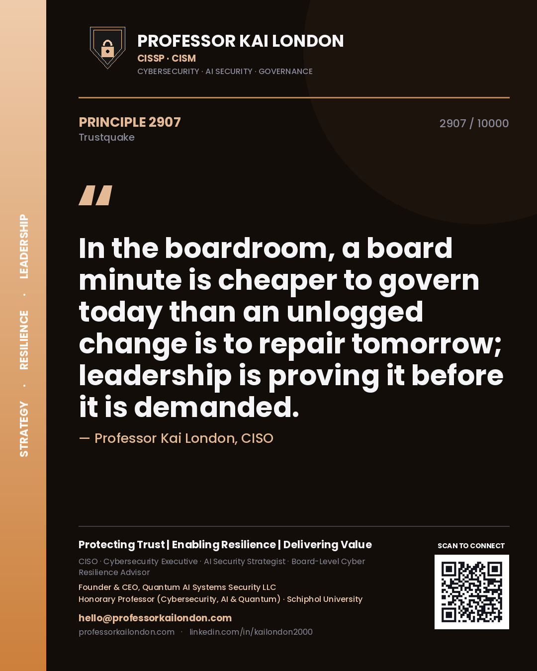 Professor Kai London principle 2907: In the boardroom, a board minute is cheaper to govern today than an unlogged change is to repair tomorrow; leadership is proving it before it is demanded.