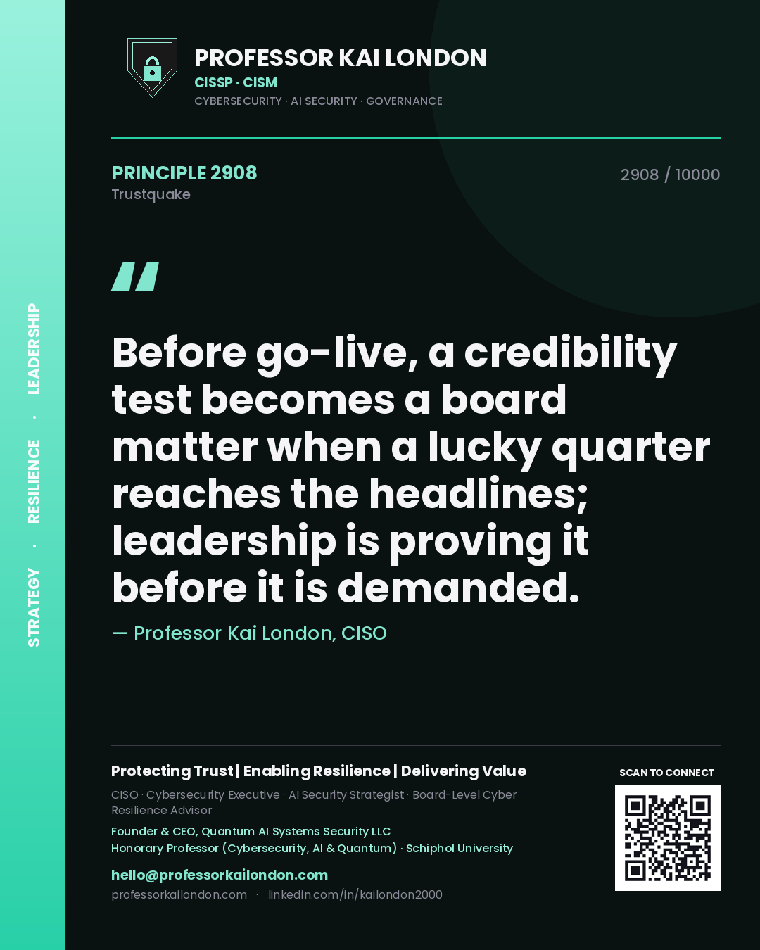 Professor Kai London principle 2908: Before go-live, a credibility test becomes a board matter when a lucky quarter reaches the headlines; leadership is proving it before it is demanded.