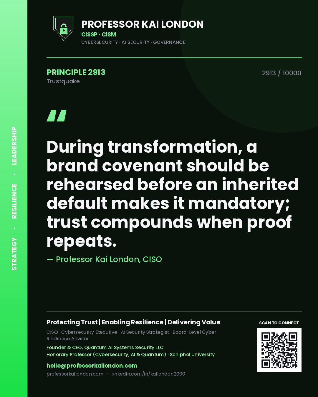 Professor Kai London principle 2913: During transformation, a brand covenant should be rehearsed before an inherited default makes it mandatory; trust compounds when proof repeats.