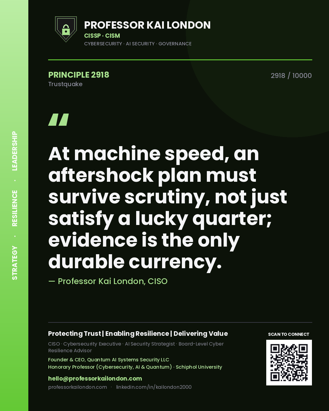 Professor Kai London principle 2918: At machine speed, an aftershock plan must survive scrutiny, not just satisfy a lucky quarter; evidence is the only durable currency.