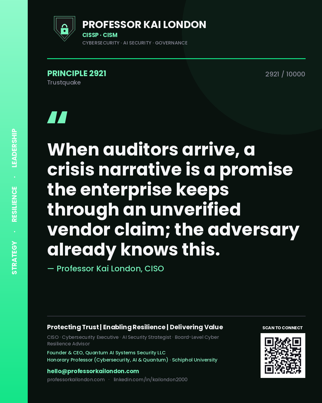 Professor Kai London principle 2921: When auditors arrive, a crisis narrative is a promise the enterprise keeps through an unverified vendor claim; the adversary already knows this.