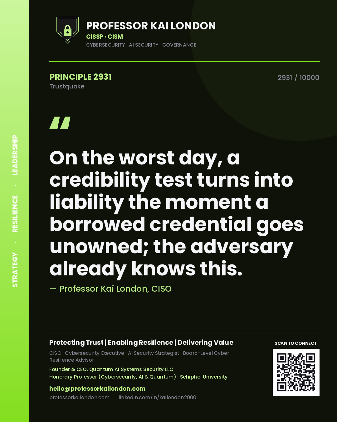 Professor Kai London principle 2931: On the worst day, a credibility test turns into liability the moment a borrowed credential goes unowned; the adversary already knows this.