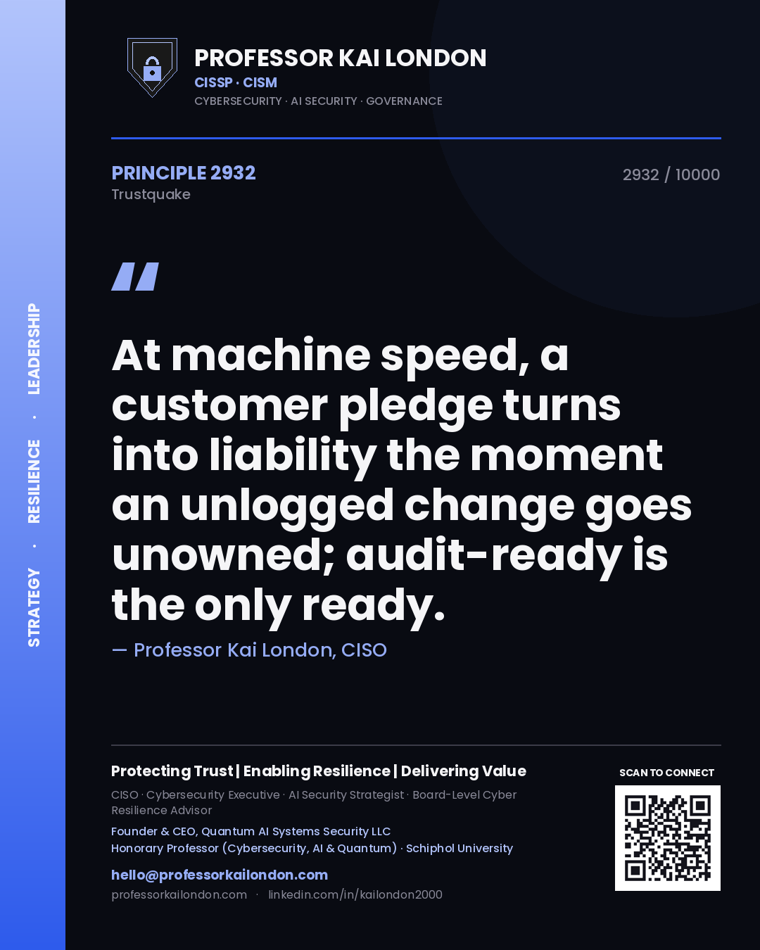 Professor Kai London principle 2932: At machine speed, a customer pledge turns into liability the moment an unlogged change goes unowned; audit-ready is the only ready.