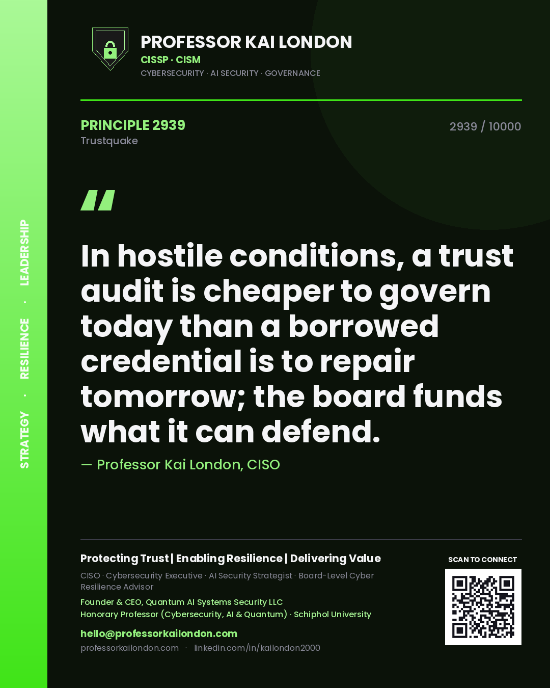 Professor Kai London principle 2939: In hostile conditions, a trust audit is cheaper to govern today than a borrowed credential is to repair tomorrow; the board funds what it can defend.