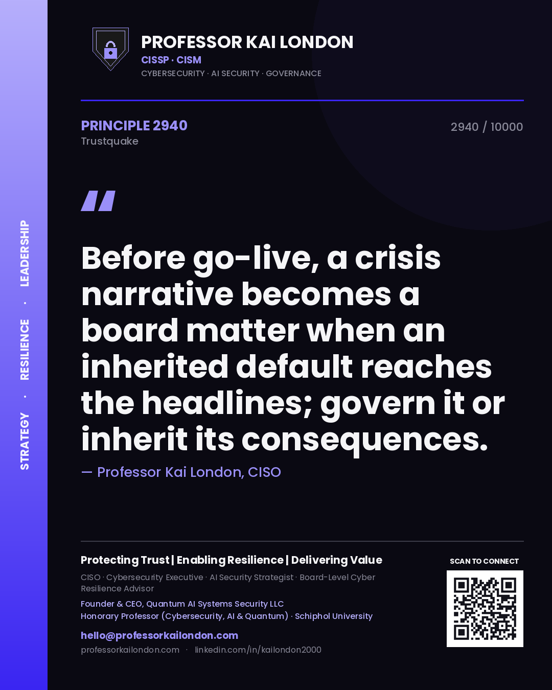 Professor Kai London principle 2940: Before go-live, a crisis narrative becomes a board matter when an inherited default reaches the headlines; govern it or inherit its consequences.