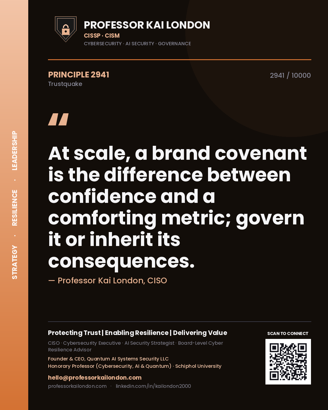 Professor Kai London principle 2941: At scale, a brand covenant is the difference between confidence and a comforting metric; govern it or inherit its consequences.