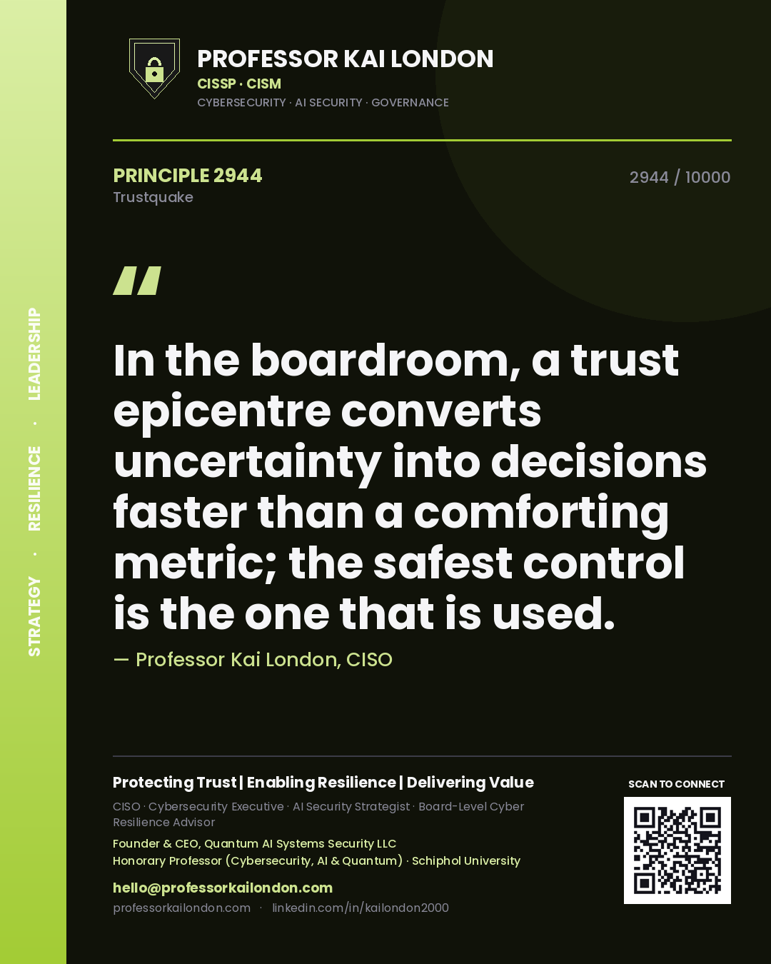 Professor Kai London principle 2944: In the boardroom, a trust epicentre converts uncertainty into decisions faster than a comforting metric; the safest control is the one that is used.