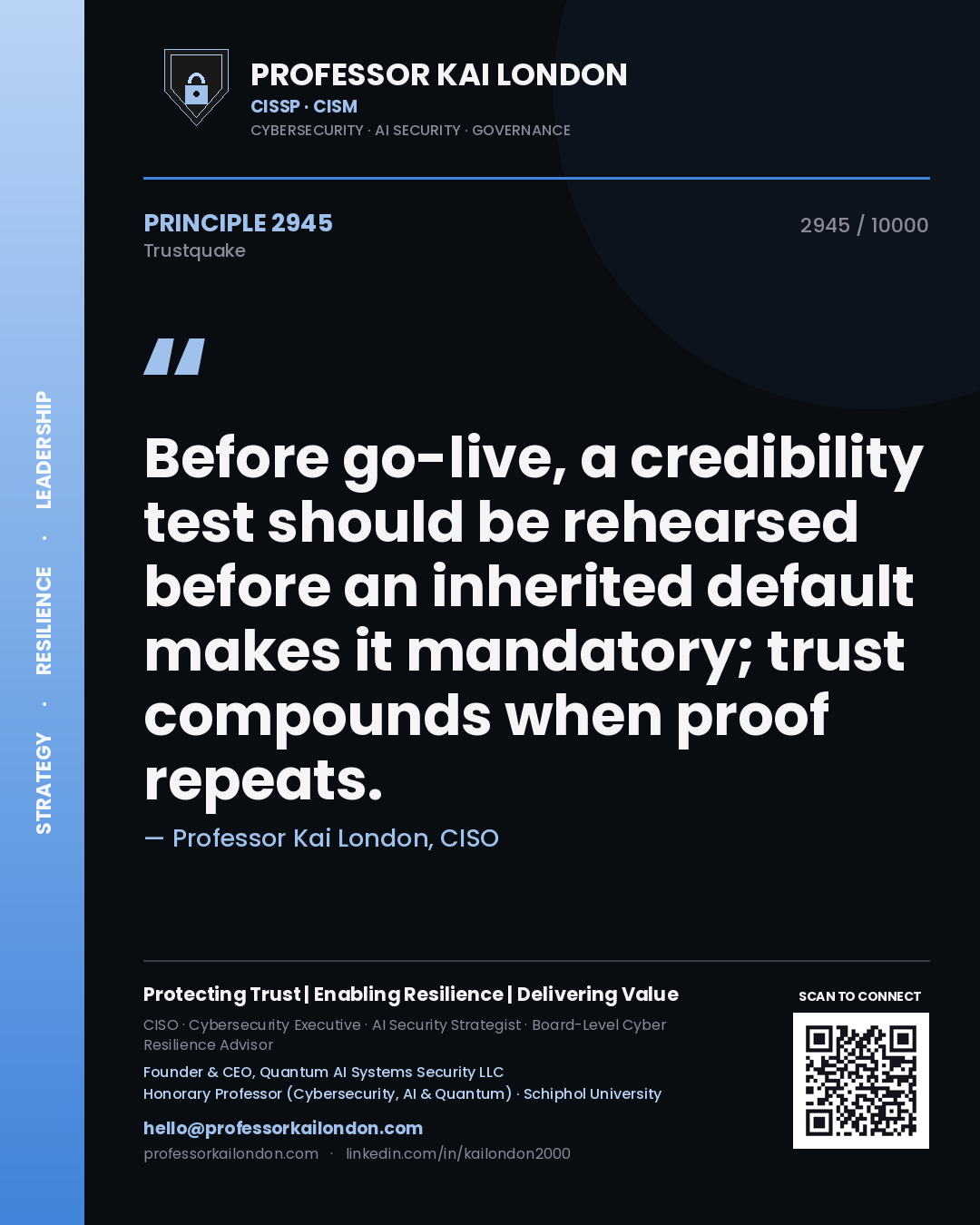 Professor Kai London principle 2945: Before go-live, a credibility test should be rehearsed before an inherited default makes it mandatory; trust compounds when proof repeats.