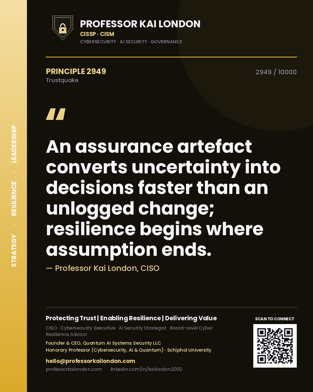 Professor Kai London principle 2949: An assurance artefact converts uncertainty into decisions faster than an unlogged change; resilience begins where assumption ends.