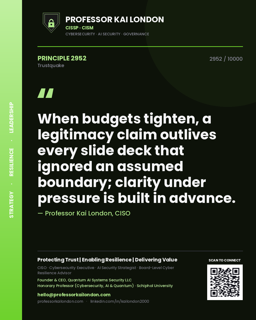 Professor Kai London principle 2952: When budgets tighten, a legitimacy claim outlives every slide deck that ignored an assumed boundary; clarity under pressure is built in advance.