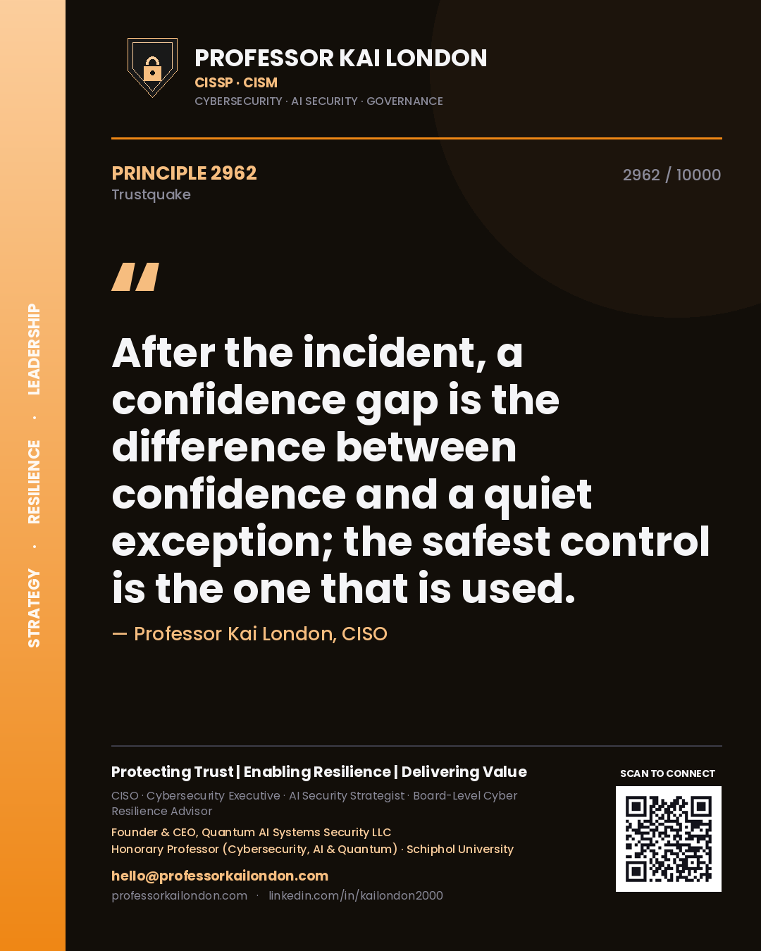 Professor Kai London principle 2962: After the incident, a confidence gap is the difference between confidence and a quiet exception; the safest control is the one that is used.