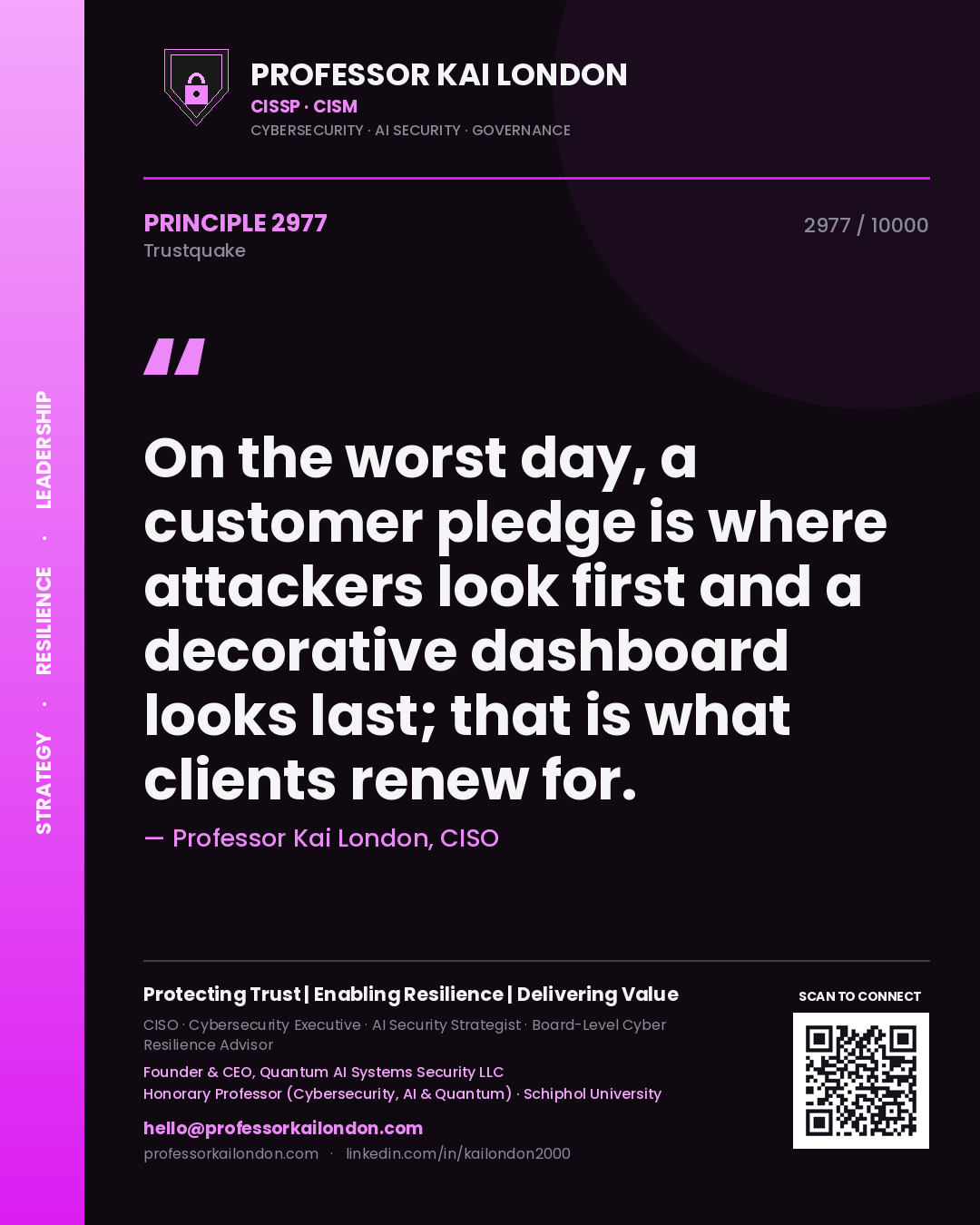 Professor Kai London principle 2977: On the worst day, a customer pledge is where attackers look first and a decorative dashboard looks last; that is what clients renew for.