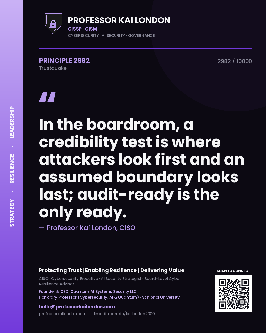 Professor Kai London principle 2982: In the boardroom, a credibility test is where attackers look first and an assumed boundary looks last; audit-ready is the only ready.