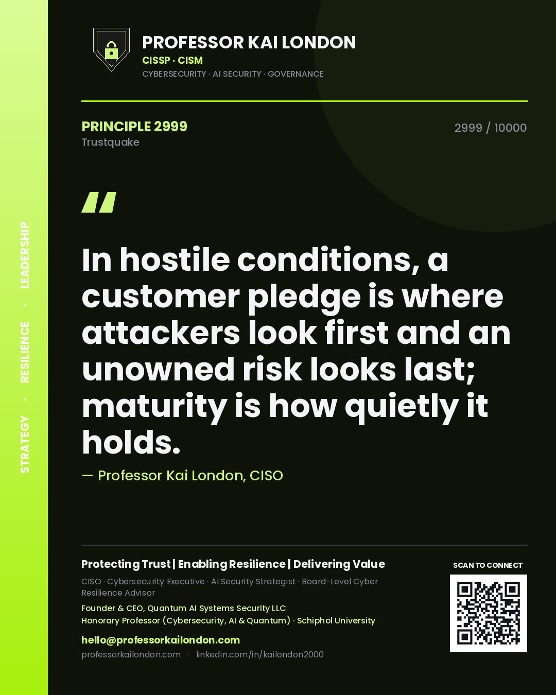 Professor Kai London principle 2999: In hostile conditions, a customer pledge is where attackers look first and an unowned risk looks last; maturity is how quietly it holds.