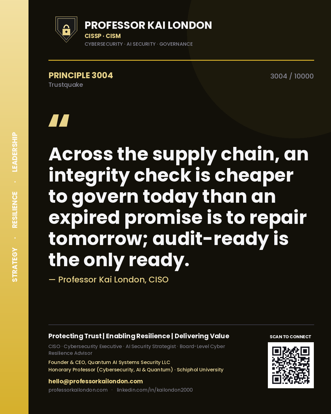 Professor Kai London principle 3004: Across the supply chain, an integrity check is cheaper to govern today than an expired promise is to repair tomorrow; audit-ready is the only ready.