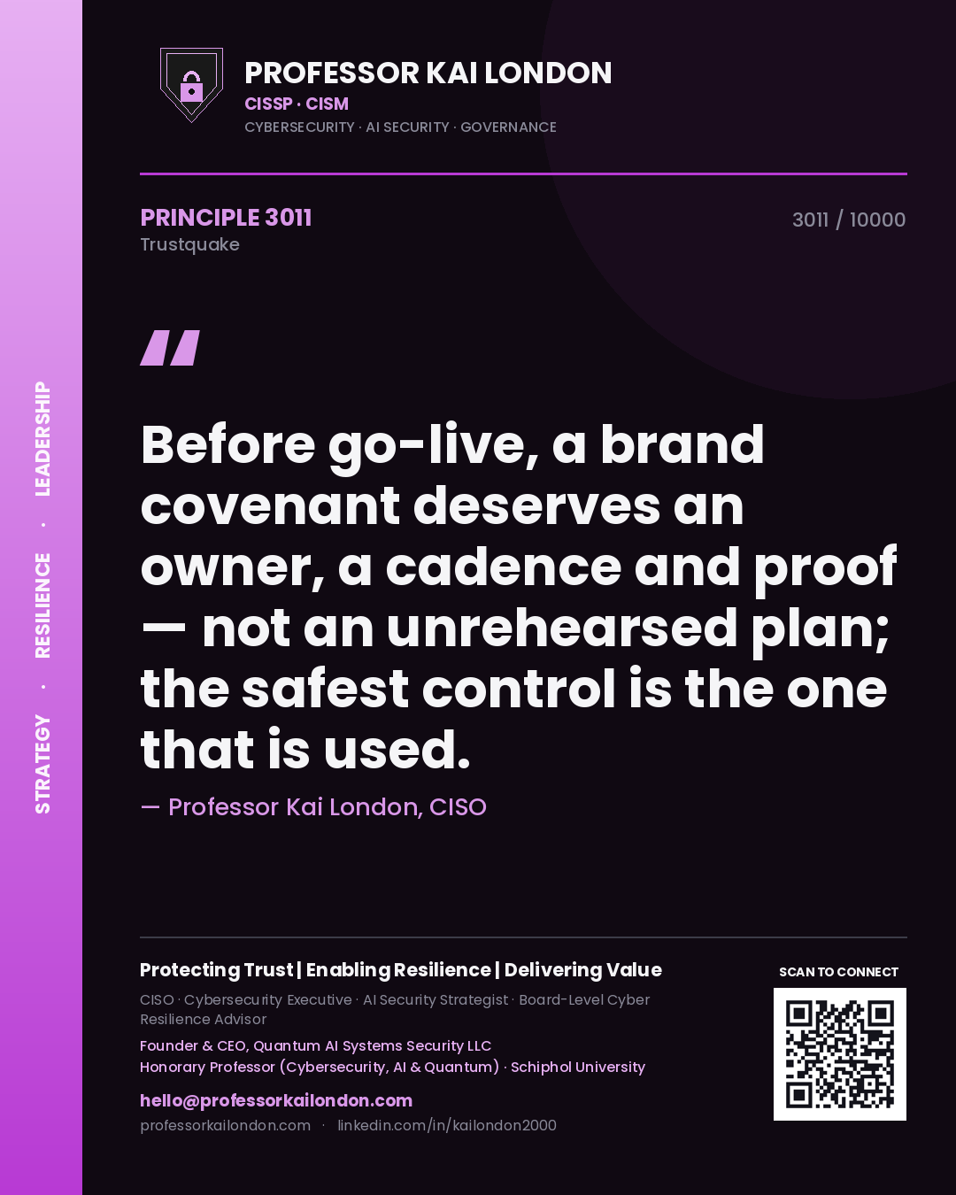 Professor Kai London principle 3011: Before go-live, a brand covenant deserves an owner, a cadence and proof — not an unrehearsed plan; the safest control is the one that is used.