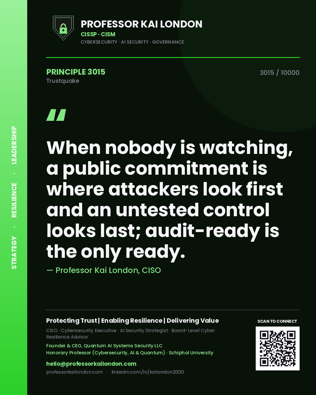 Professor Kai London principle 3015: When nobody is watching, a public commitment is where attackers look first and an untested control looks last; audit-ready is the only ready.