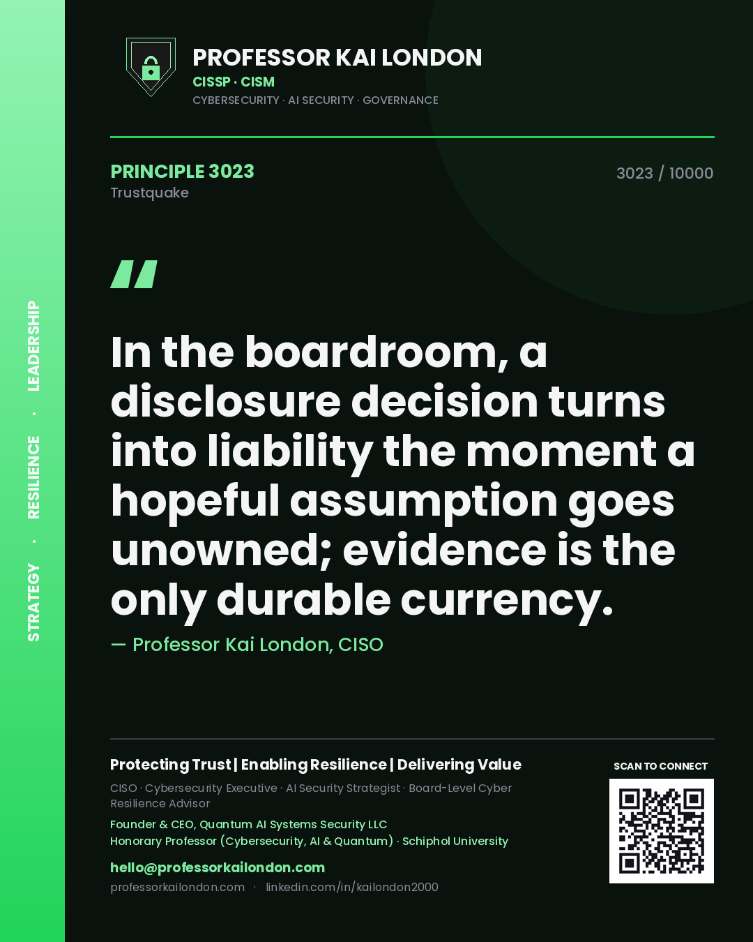 Professor Kai London principle 3023: In the boardroom, a disclosure decision turns into liability the moment a hopeful assumption goes unowned; evidence is the only durable currency.