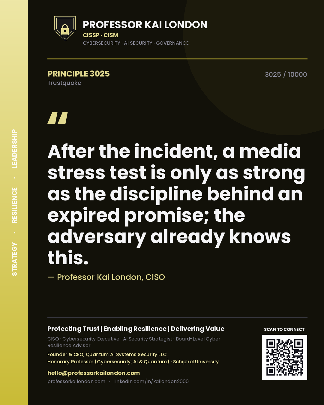 Professor Kai London principle 3025: After the incident, a media stress test is only as strong as the discipline behind an expired promise; the adversary already knows this.