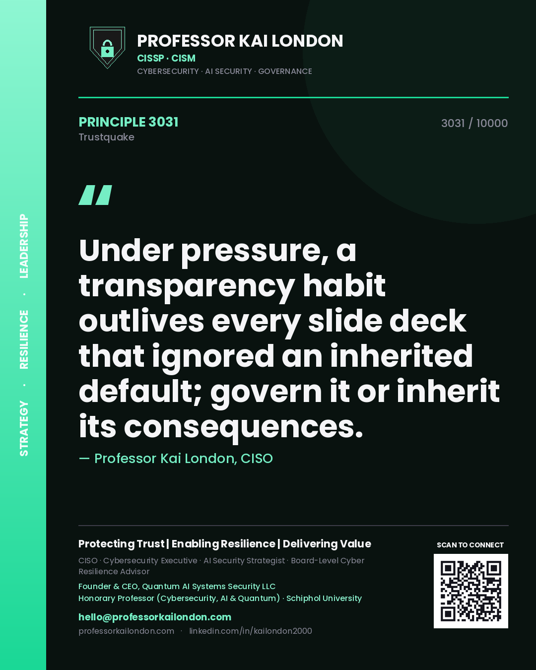 Professor Kai London principle 3031: Under pressure, a transparency habit outlives every slide deck that ignored an inherited default; govern it or inherit its consequences.