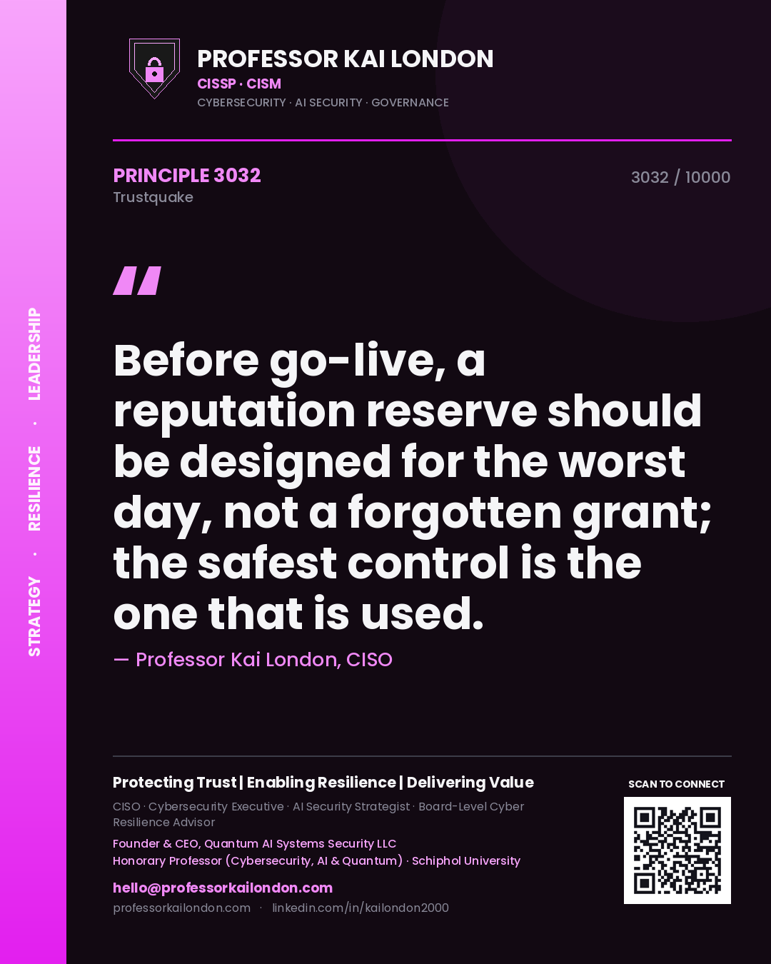 Professor Kai London principle 3032: Before go-live, a reputation reserve should be designed for the worst day, not a forgotten grant; the safest control is the one that is used.