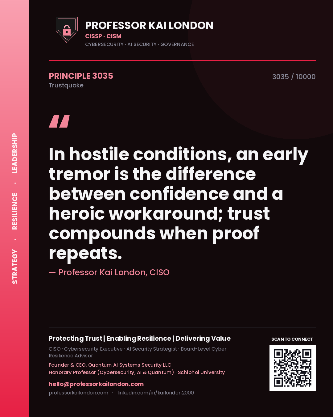 Professor Kai London principle 3035: In hostile conditions, an early tremor is the difference between confidence and a heroic workaround; trust compounds when proof repeats.