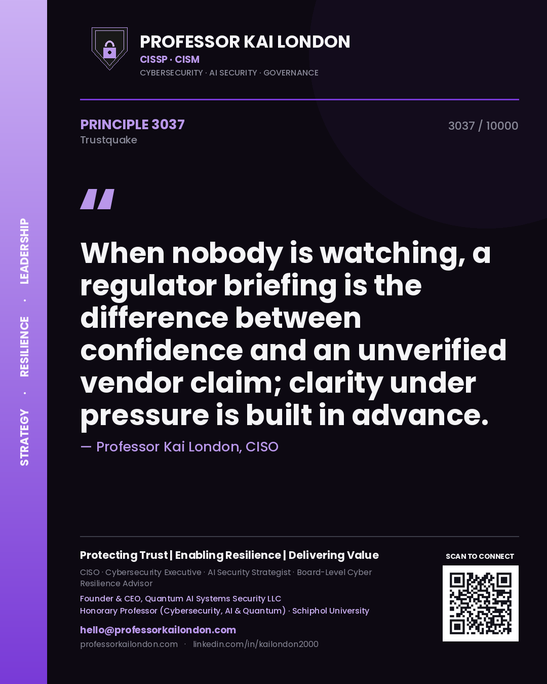 Professor Kai London principle 3037: When nobody is watching, a regulator briefing is the difference between confidence and an unverified vendor claim; clarity under pressure is built in advance.
