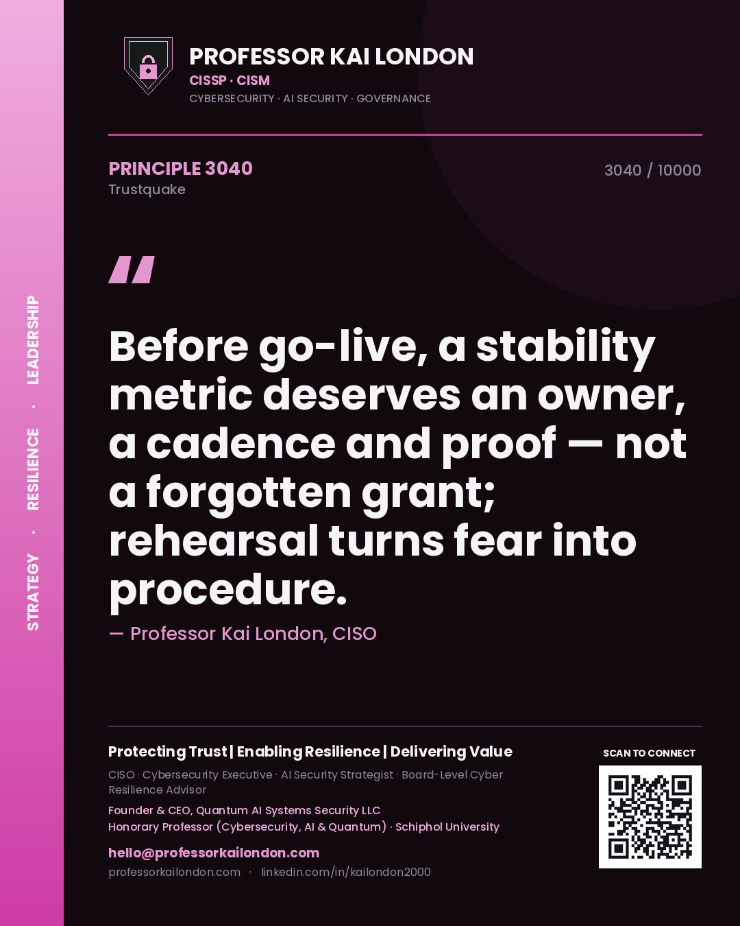 Professor Kai London principle 3040: Before go-live, a stability metric deserves an owner, a cadence and proof — not a forgotten grant; rehearsal turns fear into procedure.