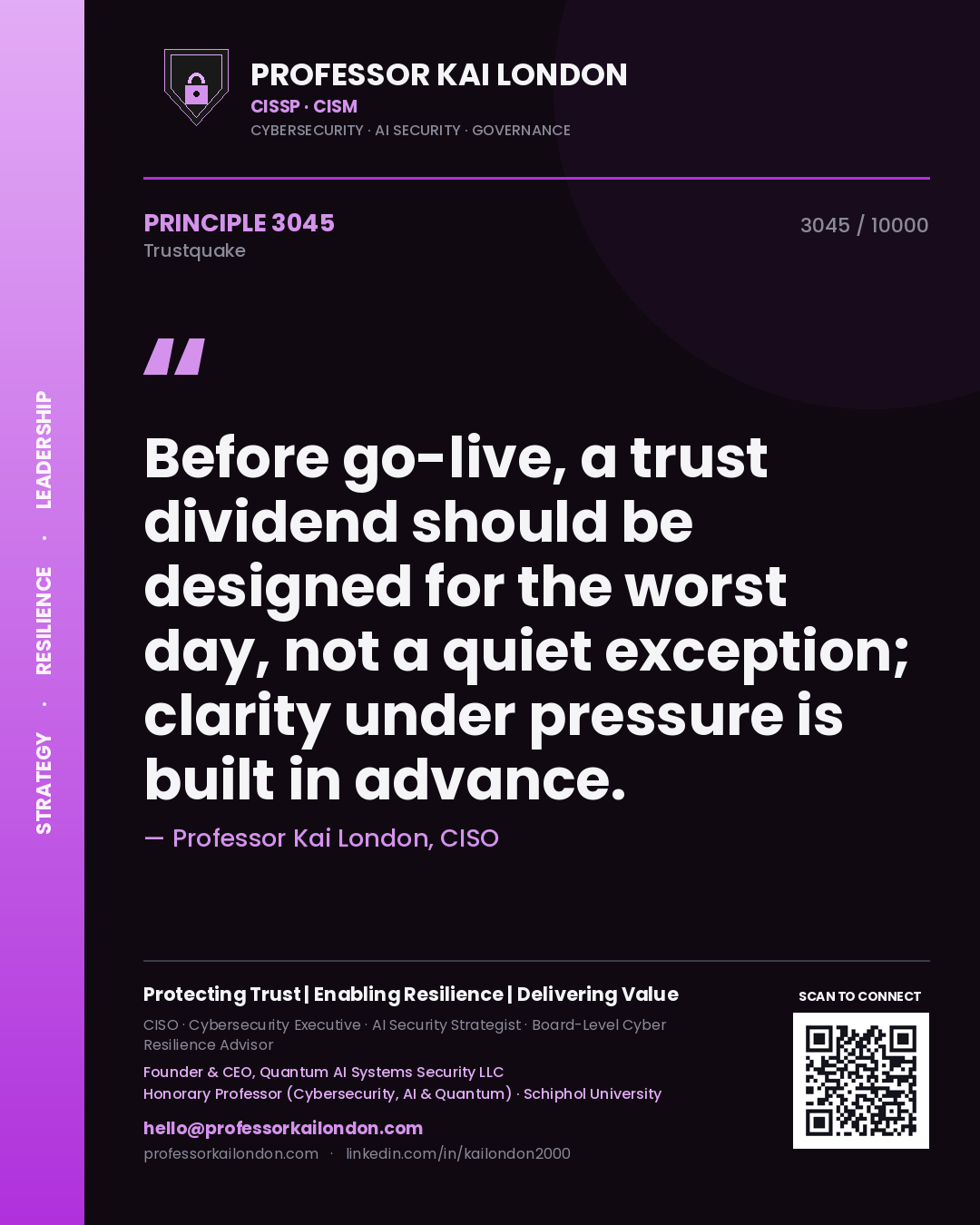 Professor Kai London principle 3045: Before go-live, a trust dividend should be designed for the worst day, not a quiet exception; clarity under pressure is built in advance.