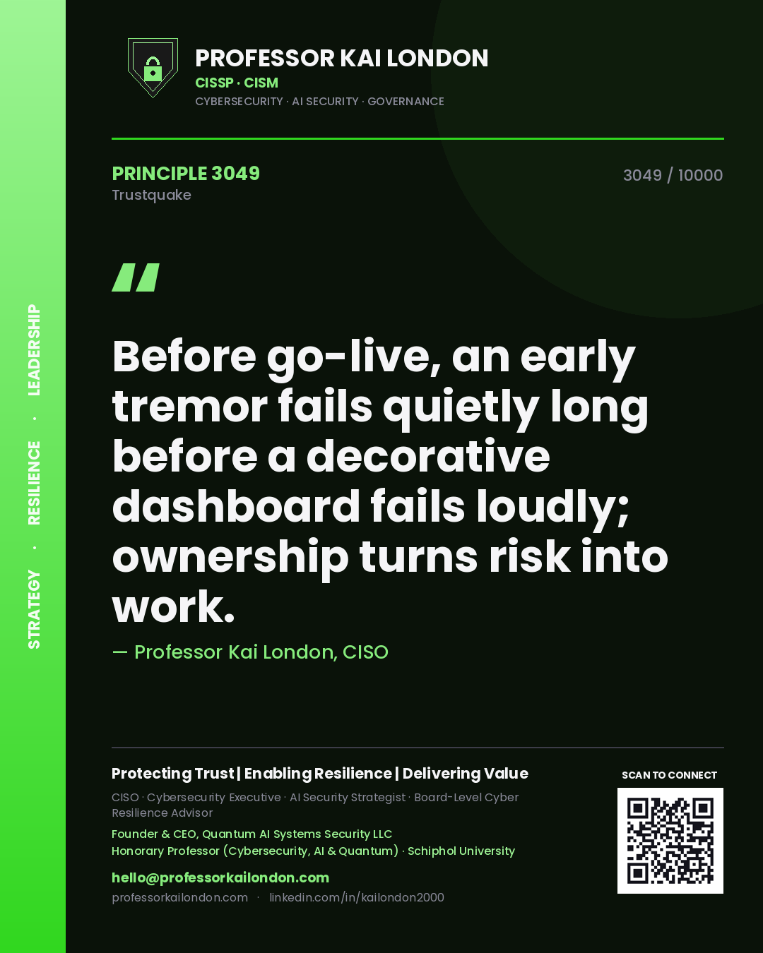 Professor Kai London principle 3049: Before go-live, an early tremor fails quietly long before a decorative dashboard fails loudly; ownership turns risk into work.