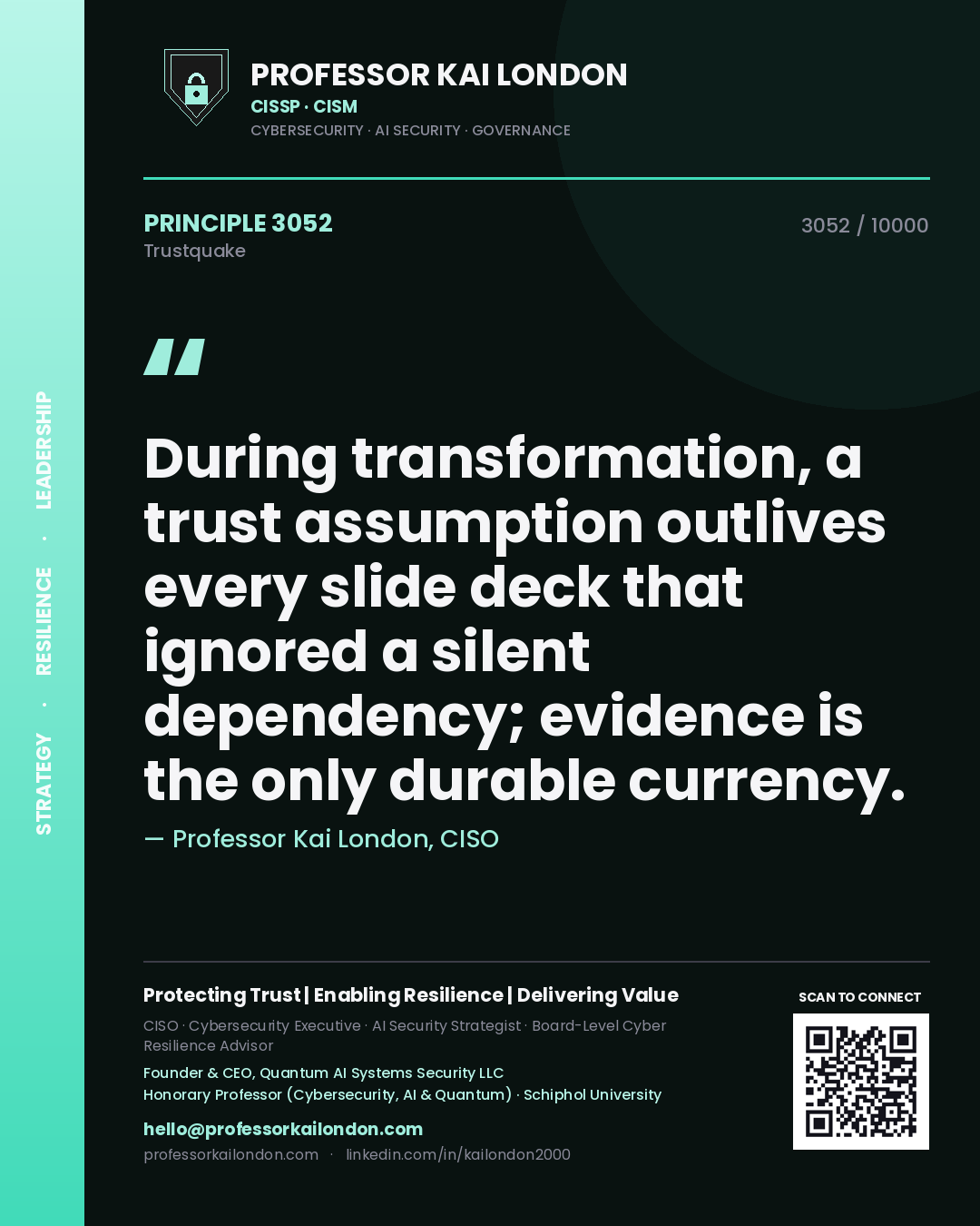 Professor Kai London principle 3052: During transformation, a trust assumption outlives every slide deck that ignored a silent dependency; evidence is the only durable currency.