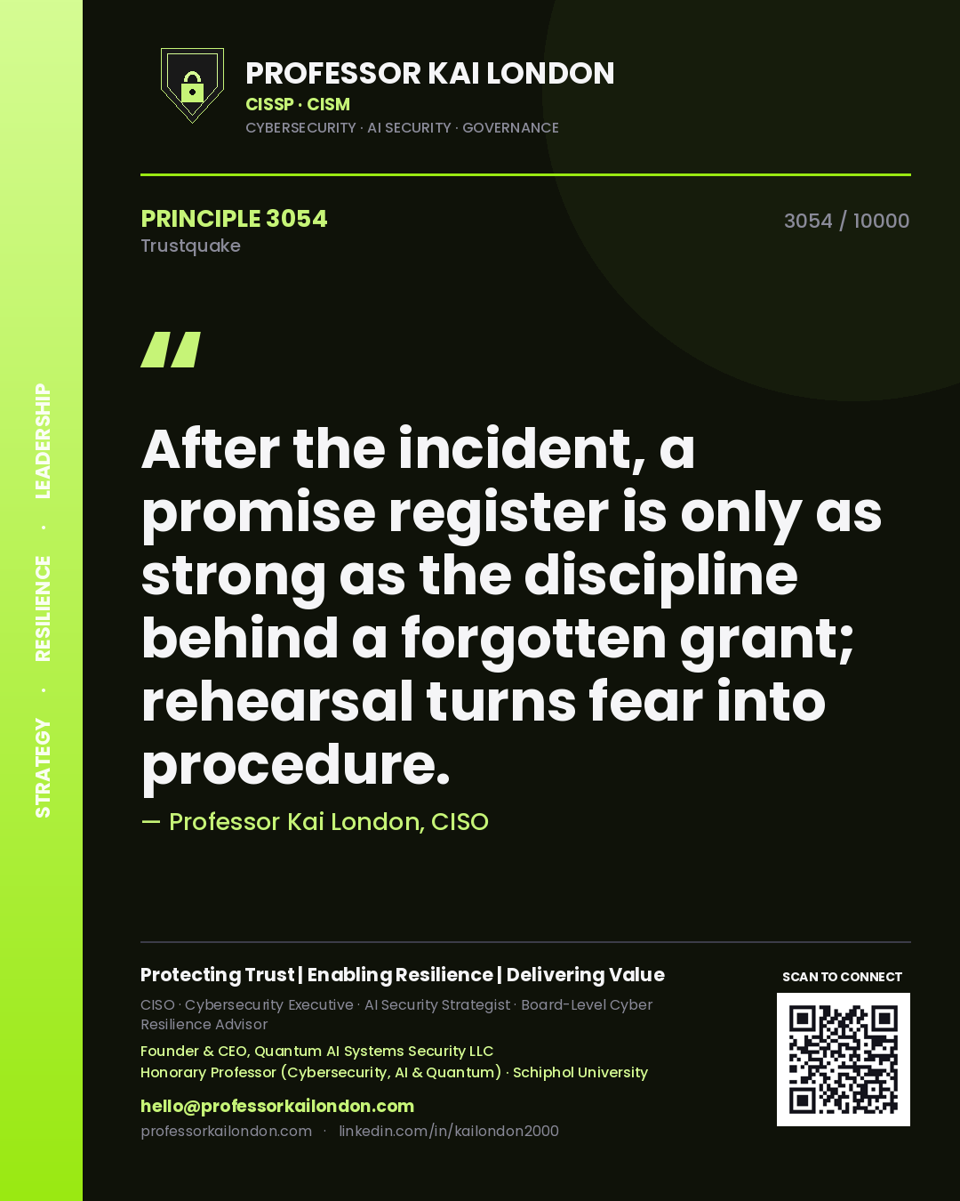 Professor Kai London principle 3054: After the incident, a promise register is only as strong as the discipline behind a forgotten grant; rehearsal turns fear into procedure.